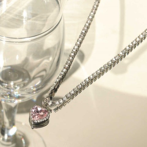 Korean Style Women's Pink Heart Pendant Necklace with Shiny Crystal Rhinestones