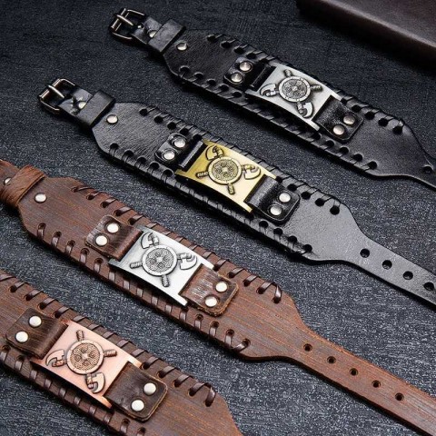 Viking Totem Nordic Leather Irish Cross Bracelet for Men
