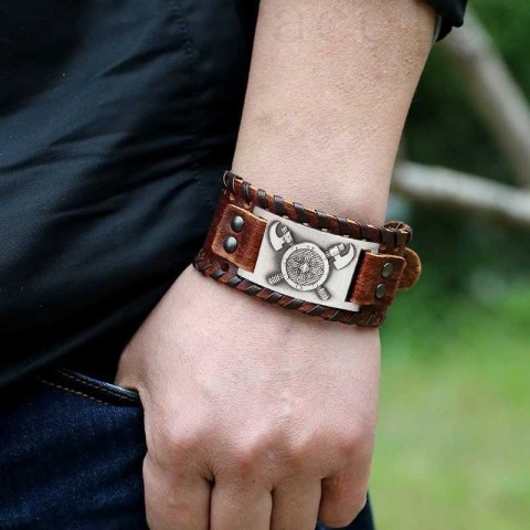 Viking Totem Nordic Leather Irish Cross Bracelet for Men