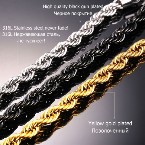 U7 Gold Twisted Rope Necklace for Men - Thick Stainless Steel Hip Hop Choker