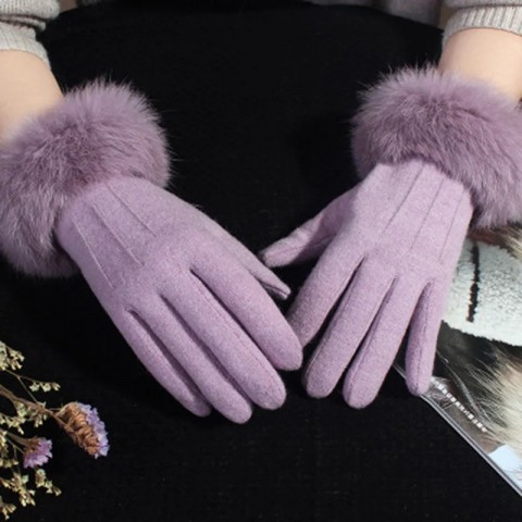 Luxury Women's Velvet Rabbit Fur Touch Screen Mittens, Warm Embroidered Full Finger Gloves H65