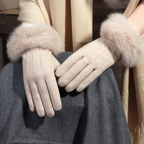 Luxury Women's Velvet Rabbit Fur Touch Screen Mittens, Warm Embroidered Full Finger Gloves H65