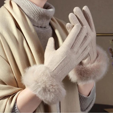 Luxury Women's Velvet Rabbit Fur Touch Screen Mittens, Warm Embroidered Full Finger Gloves H65