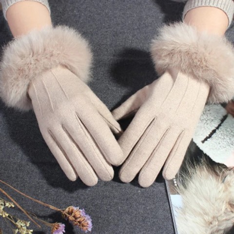 Luxury Women's Velvet Rabbit Fur Touch Screen Mittens, Warm Embroidered Full Finger Gloves H65