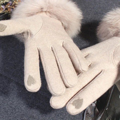 Luxury Women's Velvet Rabbit Fur Touch Screen Mittens, Warm Embroidered Full Finger Gloves H65