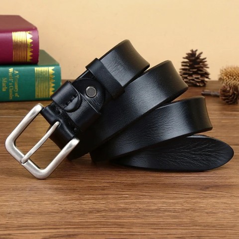 Mens Fashion Solid Golden Buckle Leather Belt