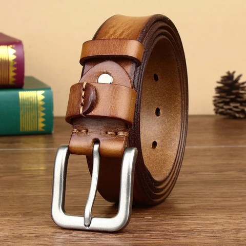 Mens Fashion Solid Golden Buckle Leather Belt