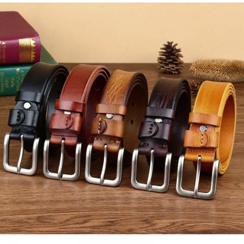 Mens Fashion Solid Golden Buckle Leather Belt