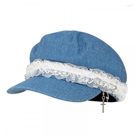Berets for Women - Japanese Lace Harajuku Y2K Style Lolita Cabbie Hat with Metal Pin Charm