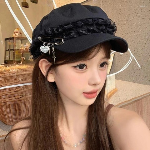 Berets for Women - Japanese Lace Harajuku Y2K Style Lolita Cabbie Hat with Metal Pin Charm