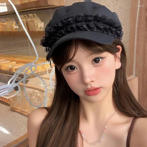 Berets for Women - Japanese Lace Harajuku Y2K Style Lolita Cabbie Hat with Metal Pin Charm