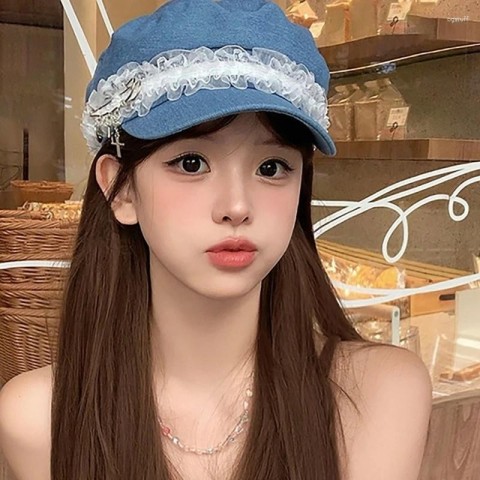 Berets for Women - Japanese Lace Harajuku Y2K Style Lolita Cabbie Hat with Metal Pin Charm
