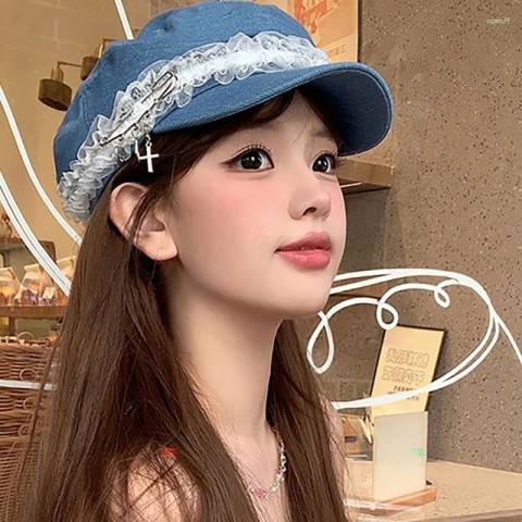 Berets for Women - Japanese Lace Harajuku Y2K Style Lolita Cabbie Hat with Metal Pin Charm