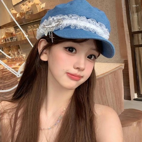 Berets for Women - Japanese Lace Harajuku Y2K Style Lolita Cabbie Hat with Metal Pin Charm
