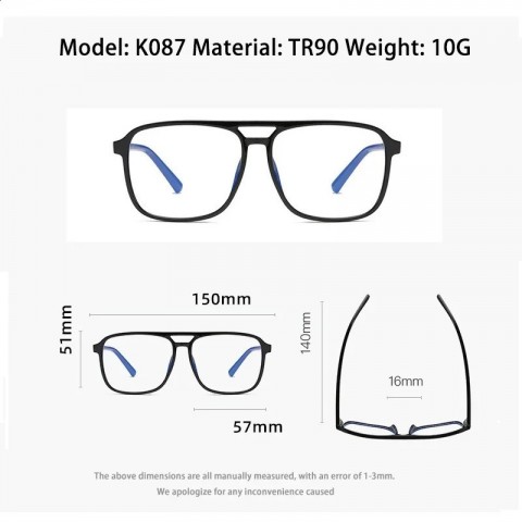 Big Man Vintage Pilot Glasses - Ultra Light TR90 Frame, Black Optical Eyewear 087