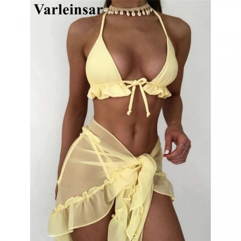 Women's Ruffled Halter Bikini Set with Sarong - Swimwear for Middle Age Ladies