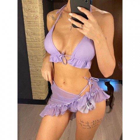Women's Ruffled Halter Bikini Set with Sarong - Swimwear for Middle Age Ladies