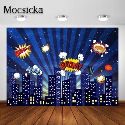 Mocsicka Superhero Cityscape Night Backdrop for Kids Birthday Party Decor