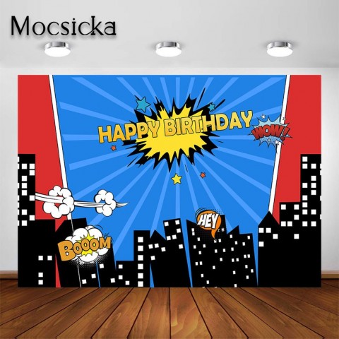Mocsicka Superhero Cityscape Night Backdrop for Kids Birthday Party Decor