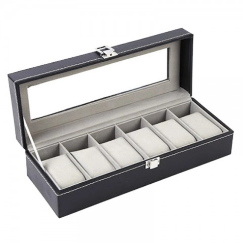 Luxury 6-Slot PU Leather Watch Display Box with Glass Lid - Elegant Jewelry Storage Solution