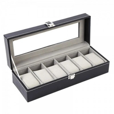 Luxury 6-Slot PU Leather Watch Display Box with Glass Lid - Elegant Jewelry Storage Solution