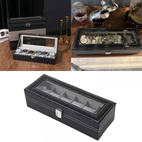 Luxury 6-Slot PU Leather Watch Display Box with Glass Lid - Elegant Jewelry Storage Solution