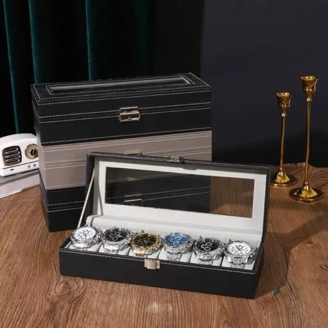 Luxury 6-Slot PU Leather Watch Display Box with Glass Lid - Elegant Jewelry Storage Solution