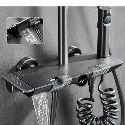 Piano Grey Digital Thermostatic Shower System Adjustable Brass Wall Mount
