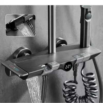 Piano Grey Digital Thermostatic Shower System Adjustable Brass Wall Mount