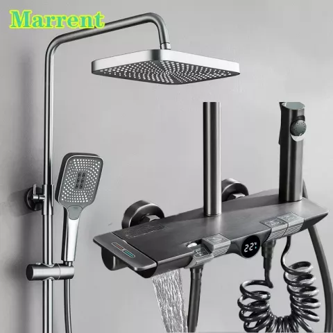 Piano Grey Digital Thermostatic Shower System Adjustable Brass Wall Mount