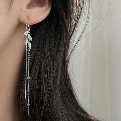 VIVILADY Women's Fashion Long Tassel Zircon Leaves Earrings Minimalist Accessories