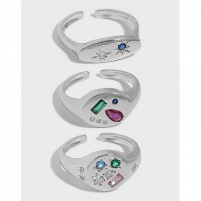 SHANICE Sterling Silver Geometric Open Ring for Women & Men, Color Zircon Inlaid Couple Jewelry