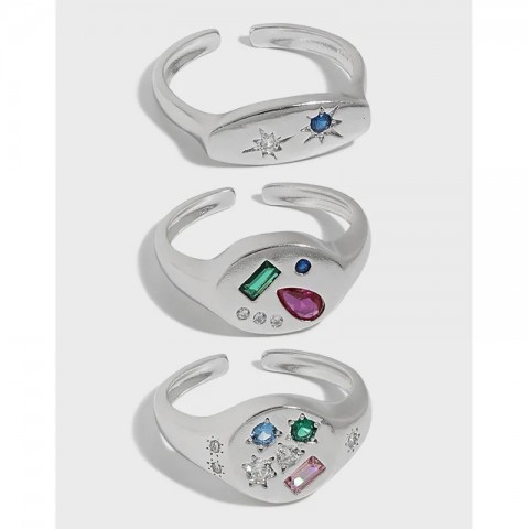 SHANICE Sterling Silver Geometric Open Ring for Women & Men, Color Zircon Inlaid Couple Jewelry