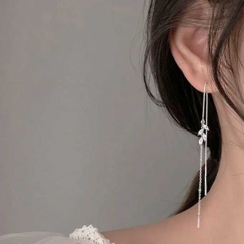 VIVILADY Women's Fashion Long Tassel Zircon Leaves Earrings Minimalist Accessories