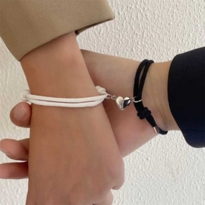 Simple Cotton Rope Heart Magnet Bracelet Set for Women - Black and White W250121