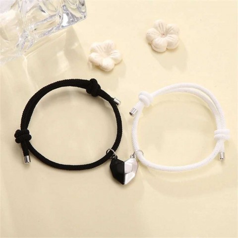 Simple Cotton Rope Heart Magnet Bracelet Set for Women - Black and White W250121