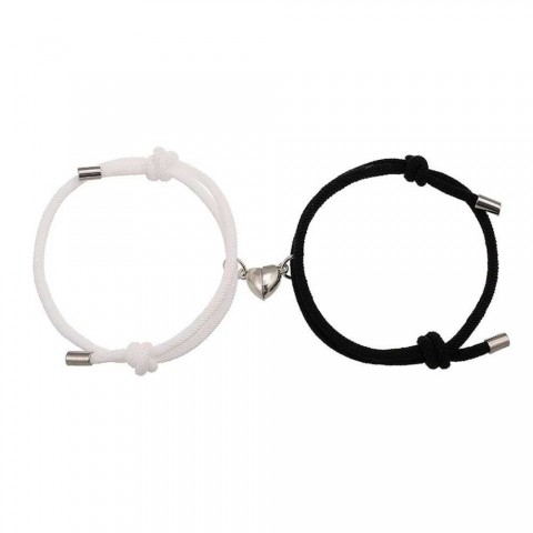 Simple Cotton Rope Heart Magnet Bracelet Set for Women - Black and White W250121