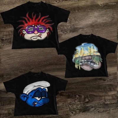 Men's High-Quality Loose-Fit Cartoon Letter T-Shirts, Large Size, Retro Streetwear