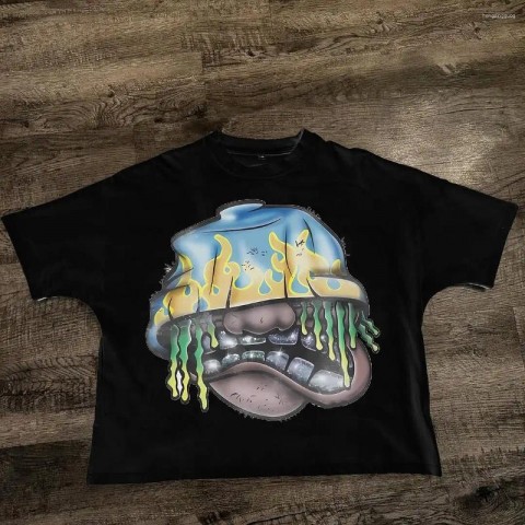 Men's High-Quality Loose-Fit Cartoon Letter T-Shirts, Large Size, Retro Streetwear