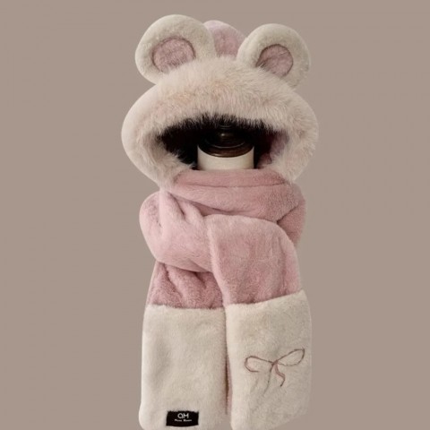 Cute Embroidered Bear Ears Plush Hat Set for Women