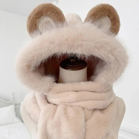 Cute Embroidered Bear Ears Plush Hat Set for Women