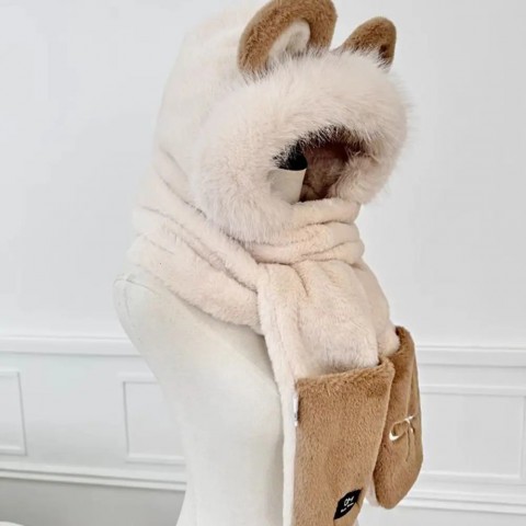 Cute Embroidered Bear Ears Plush Hat Set for Women