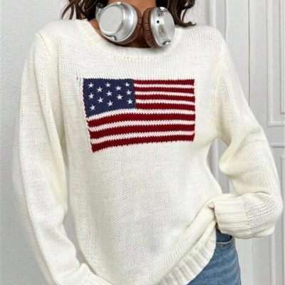 Women's 2025 Spring Loose Fit Flag Print Pullover Sweater