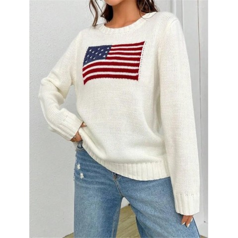 Women's 2025 Spring Loose Fit Flag Print Pullover Sweater