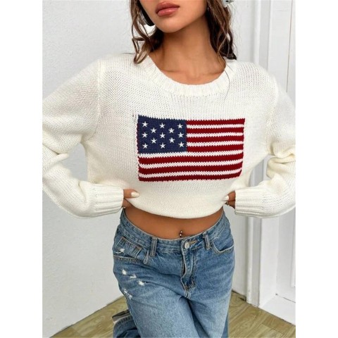 Women's 2025 Spring Loose Fit Flag Print Pullover Sweater