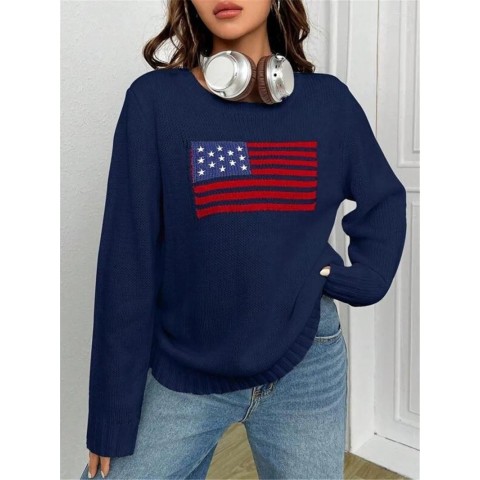 Women's 2025 Spring Loose Fit Flag Print Pullover Sweater