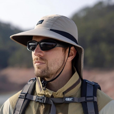 Summer Men's Wide Brim Bucket Hat with Shawl, Waterproof & Breathable Fishing Hiking Hat 250222