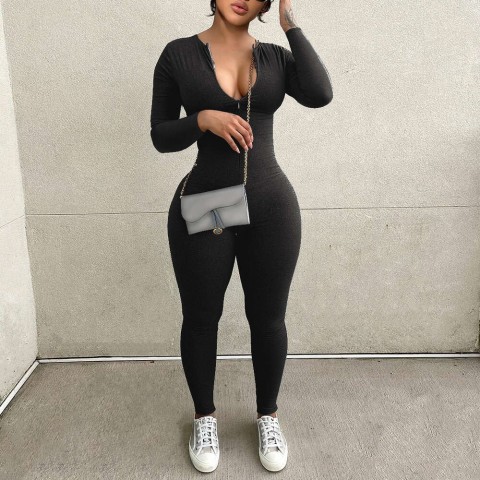 Women's Sexy Autumn Jumpsuits - Long Sleeve V-neck Bodysuit, Sizes XS-XL