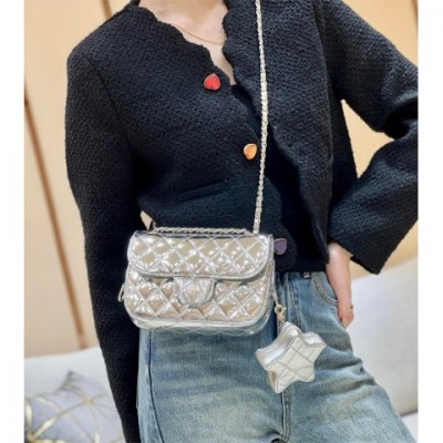 10A Designer Women's Lacquer Leather Shoulder Bag, Bright Flip Lid, 24C Diamond Grid Chain, Crossbody