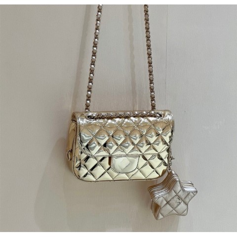 10A Designer Women's Lacquer Leather Shoulder Bag, Bright Flip Lid, 24C Diamond Grid Chain, Crossbody